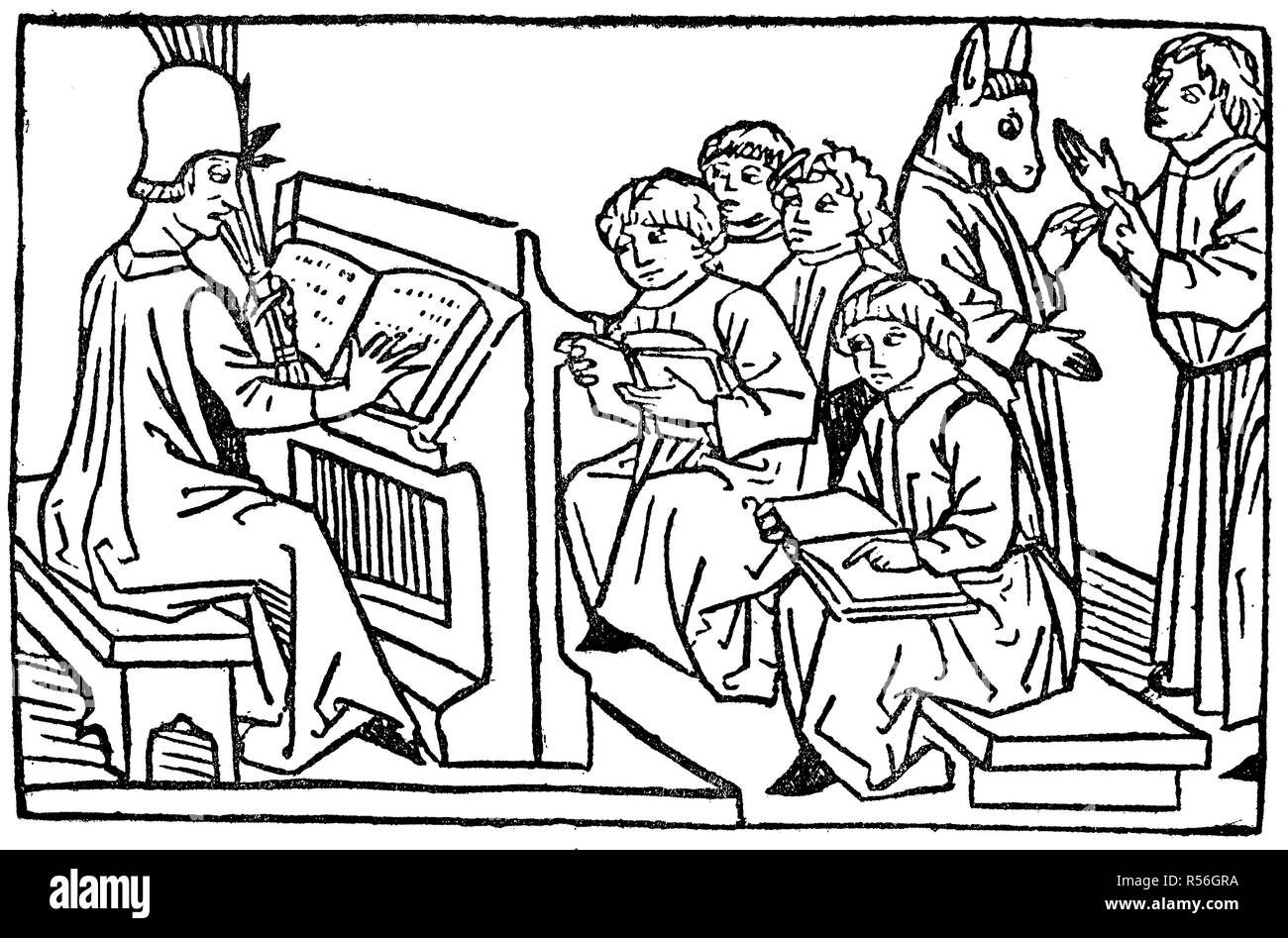 Maestro y alumno, en el fondo es un estudiante con una cabeza de burro  adjunto, desde el espejo de la vida humana, xilografía, 1479 Fotografía de  stock - Alamy