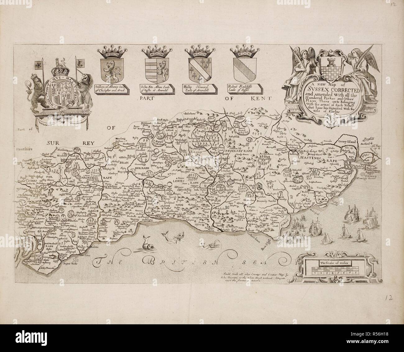 Mapa de Sussex corregido. Una colección de 37 mapas de los condados de Inglaterra. Londres. H. Overton, 1714. Una colección de 37 mapas de los condados de Inglaterra, siendo las reimpresiones, de J. Speedâ€™s mapas, por Henry Overton, junto con los de P. Stent Reimpreso por John Overton, y mapas de Derbyshire y Yorkshire grabado por S. Nicholls. Fuente: Maps.145.c.9 12. Idioma: Inglés. Foto de stock