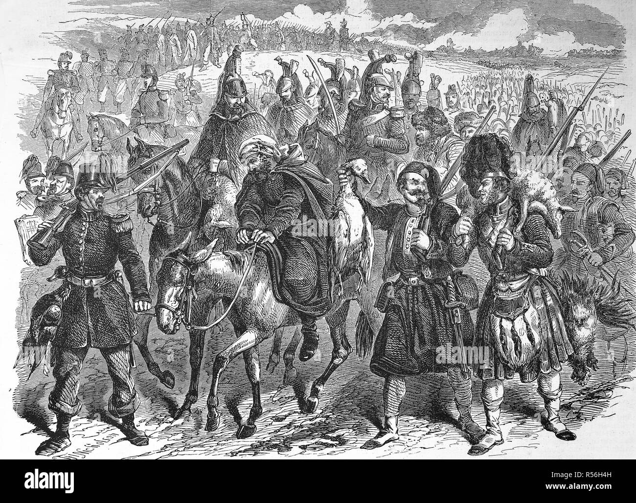 Volver a partir de una exploración y en busca de comida, los soldados ingleses en la guerra de Crimea, 1855, xilografía, Inglaterra Foto de stock