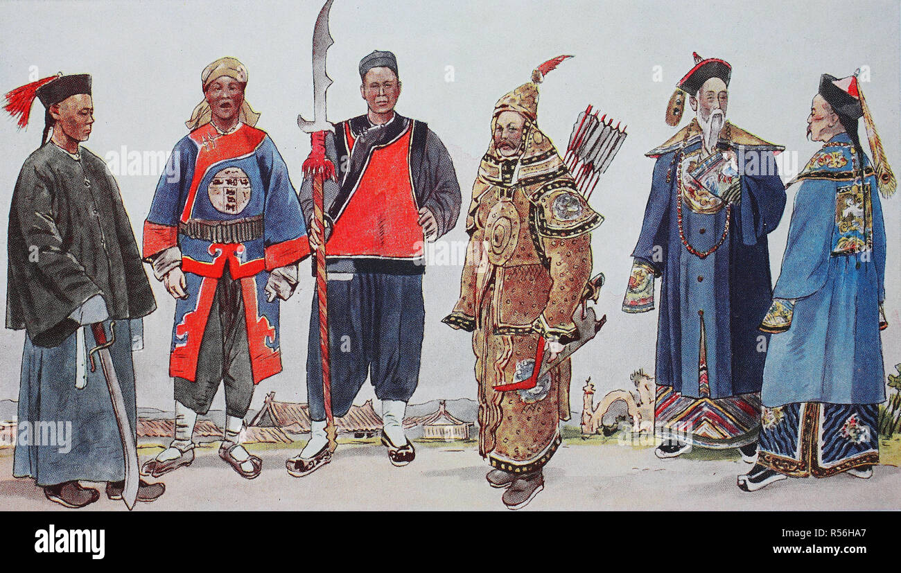 Ropa moda en China, alrededor del siglo XIX, sus trajes nacionales, desde la izquierda, un oficial, un soldado, un Foto de stock