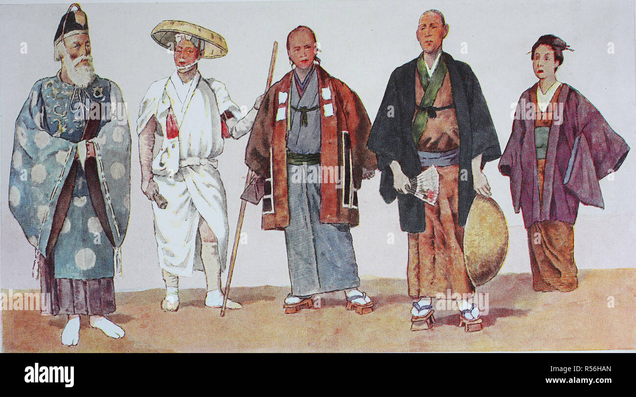 La ropa, la historia de la moda en Japón, peregrinos y sacerdotes, ilustración, Japón Foto de stock
