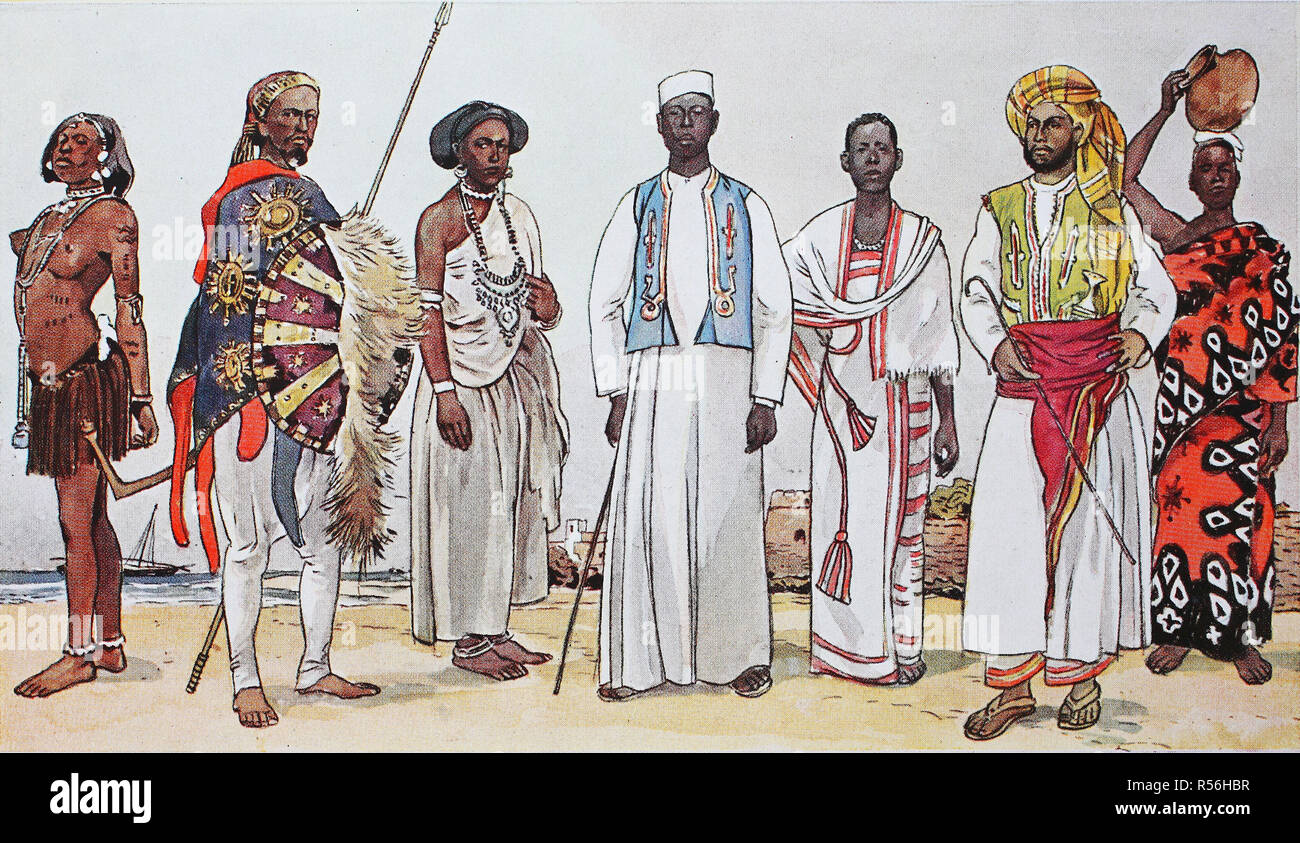 La ropa, la historia de la moda en África, África Central y Oriental, la ilustración, África Foto de stock