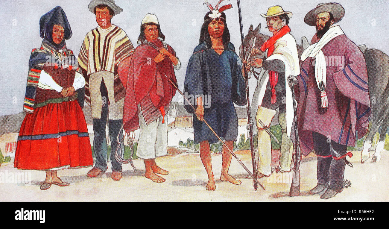 Ropa moda en América del Sur, Bolivia y Perú en torno al siglo XIX, la ilustración, la América Foto de stock