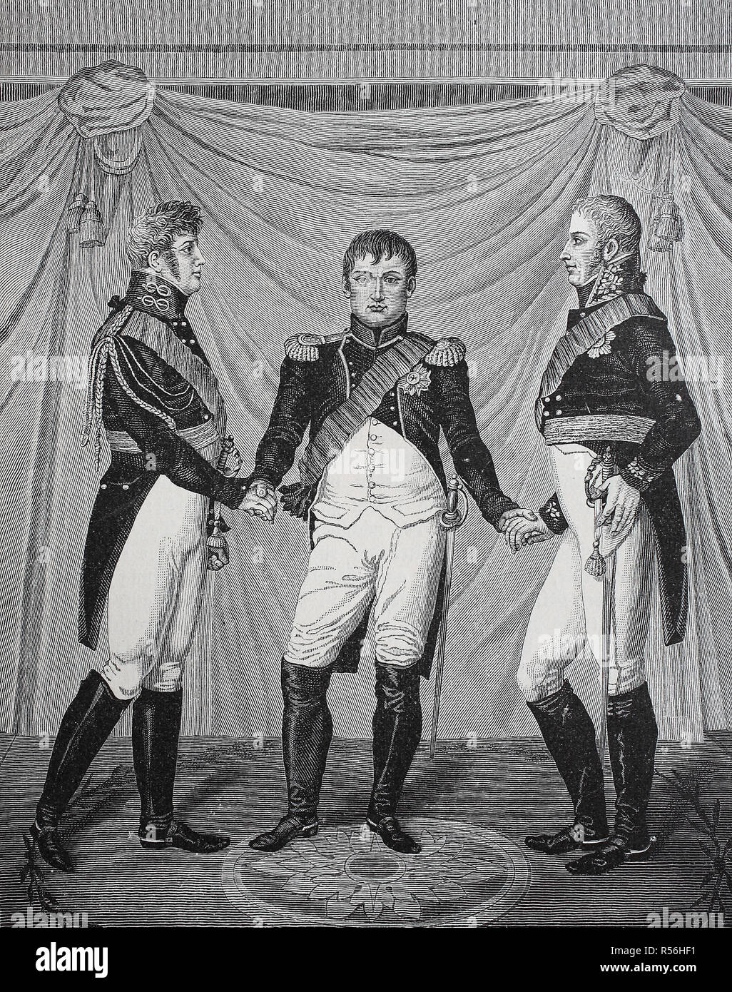 La alianza de paz del emperador Alejandro I, Napoleón I y el Rey Friedrich Wilhelm III. El 27 de junio de 1807, xilografía, Francia Foto de stock