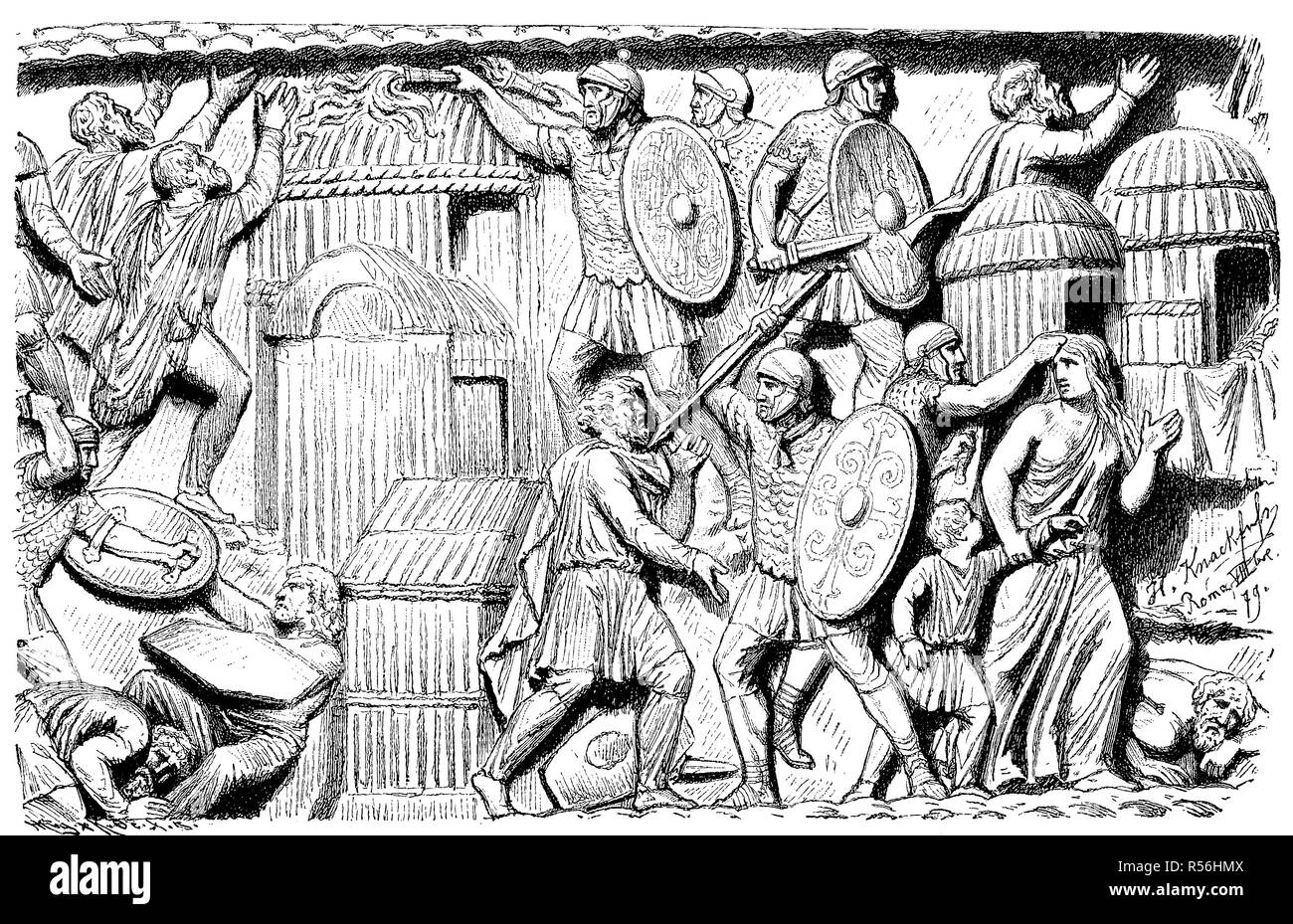 La destrucción de un pueblo germánico por los romanos, alivio en el Colonna Antonina, la columna de Marco Aurelio en Roma, 1800 Foto de stock