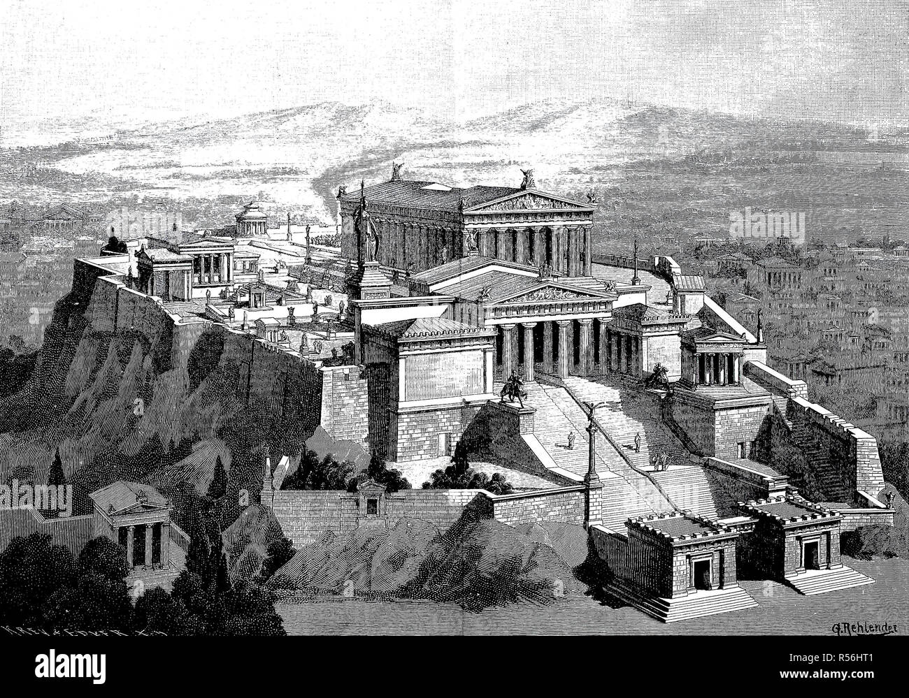 Una reconstrucción de la Acrópolis de Atenas 1880, xilografía, Grecia Foto de stock