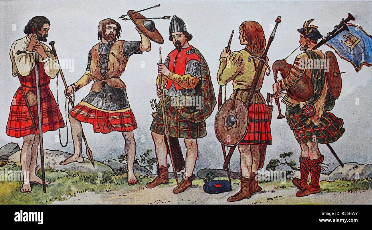 Las personas en trajes tradicionales, moda, trajes, ropa en Escocia, ilustración, Escocia Foto de stock