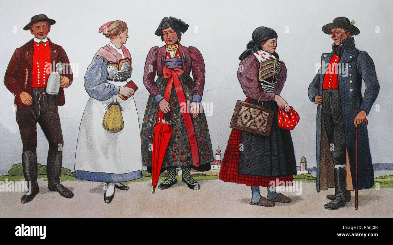 Las personas en trajes tradicionales, la moda, la ropa en Alemania, trajes de Baviera, Alta Baviera acerca del siglo XIX Foto de stock