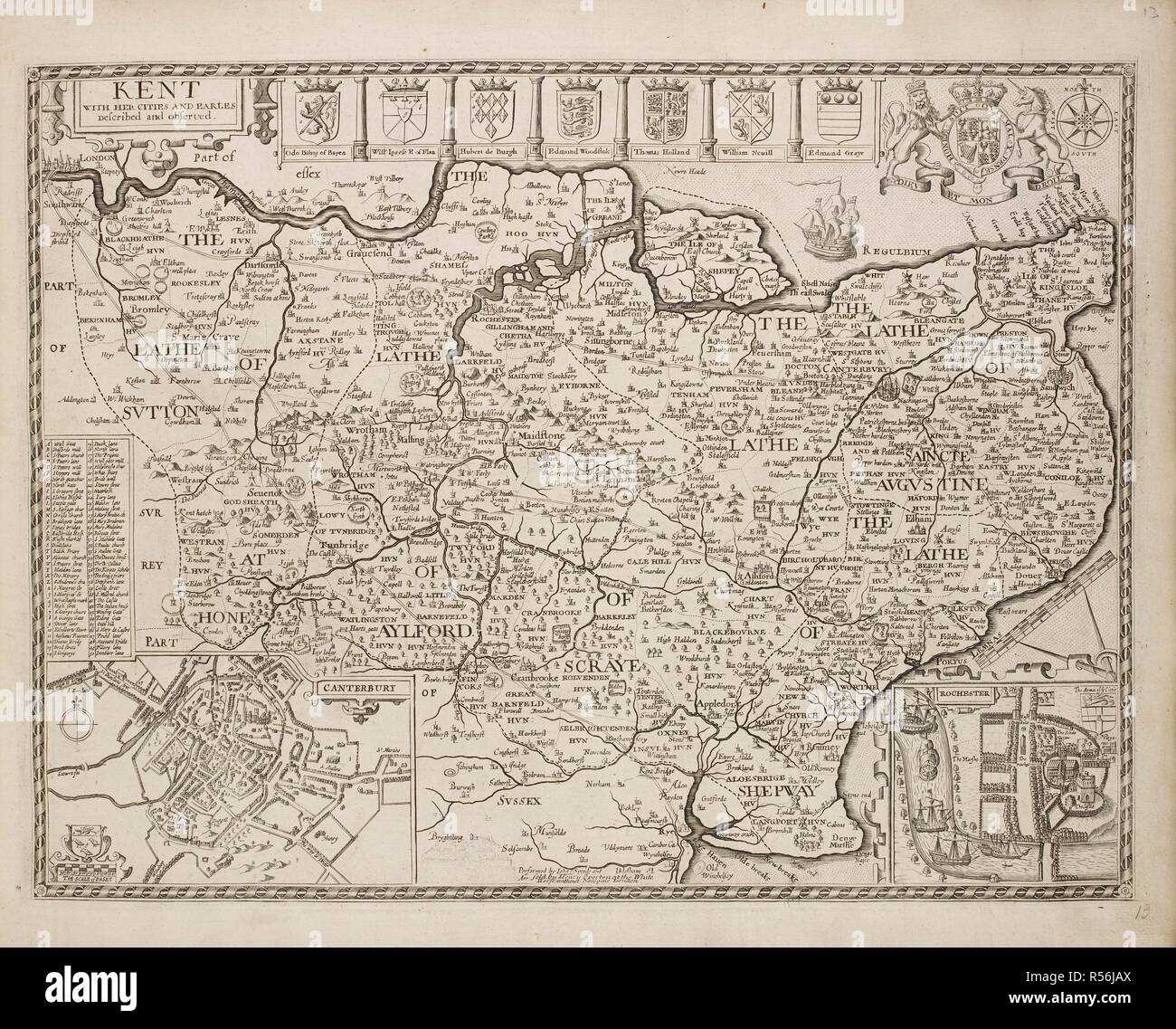 Un mapa del condado de Kent. Publicado en 1714. Los escudos de las familias del condado. . Una colección de 37 mapas de los condados de Inglaterra. Londres. H. Overton, 1714. Una colección de 37 mapas de los condados de Inglaterra, siendo las reimpresiones, de J. Speedâ€™s mapas, por Henry Overton, junto con los de P. Stent Reimpreso por John Overton, y mapas de Derbyshire y Yorkshire grabado por S. Nicholls. Fuente: Maps.145.c.9 13. Idioma: Inglés. Foto de stock