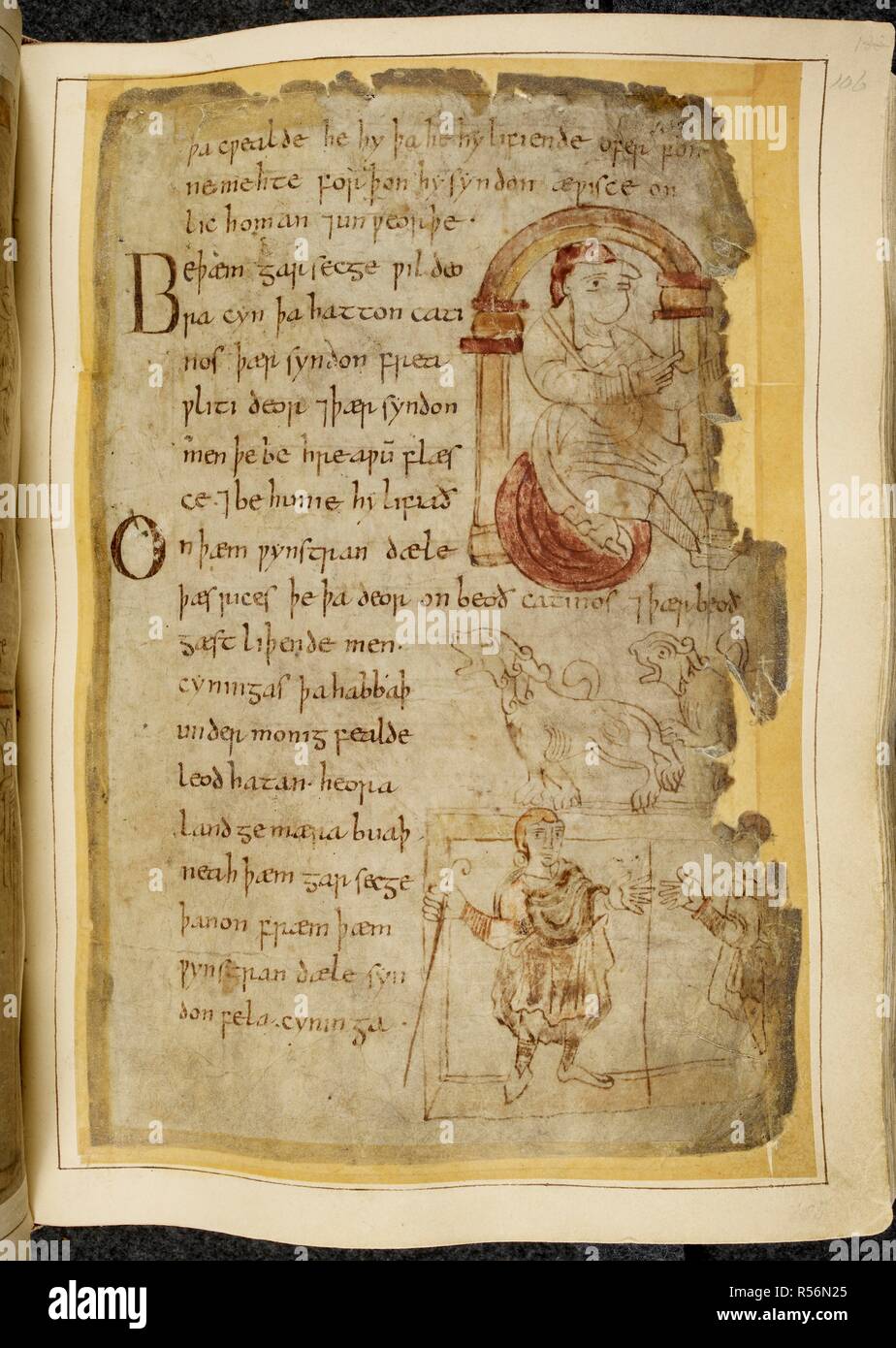 Texto Manuscrito Y Dibujo S Beowulf Circa 1000 Fuente Cotton Vitellius A Xv F 106 Idioma Anglosajon Fotografia De Stock Alamy