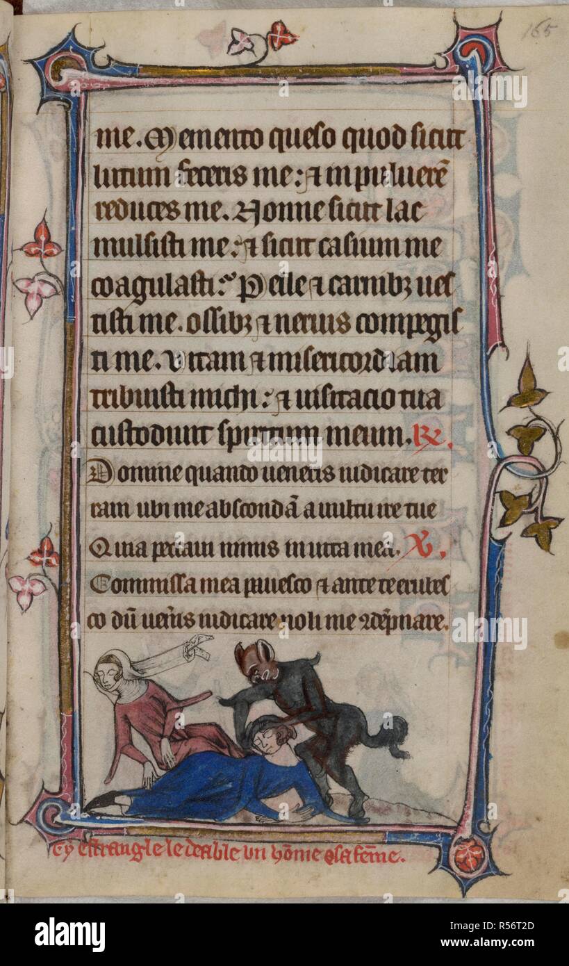 Bas-de-page escena de un diablo atacando a un hombre mientras su esposa  yace muerto junto a él, con un título de lectura, â€˜Cy estrangle le deable  onu ho[m]yo et sa fe[m]mí€™ .