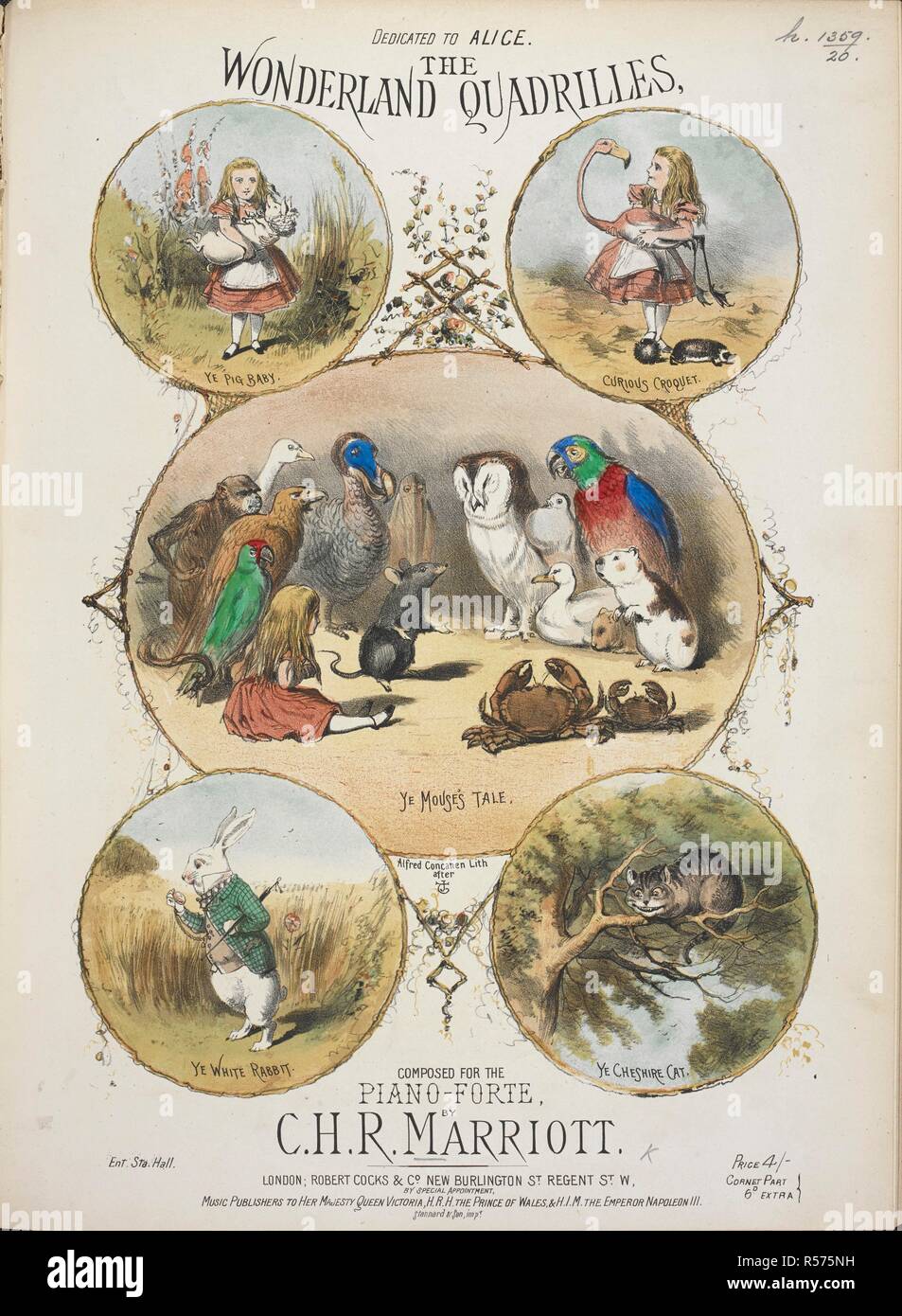 Ilustra la cubierta de la música, mostrando escenas de "Alicia en el país  de las Maravillas": Ye cerdo bebé; curioso croquet; Ye mouse's Tale; Ye  conejo blanco; Ye Cheshire Cat. El Wonderland