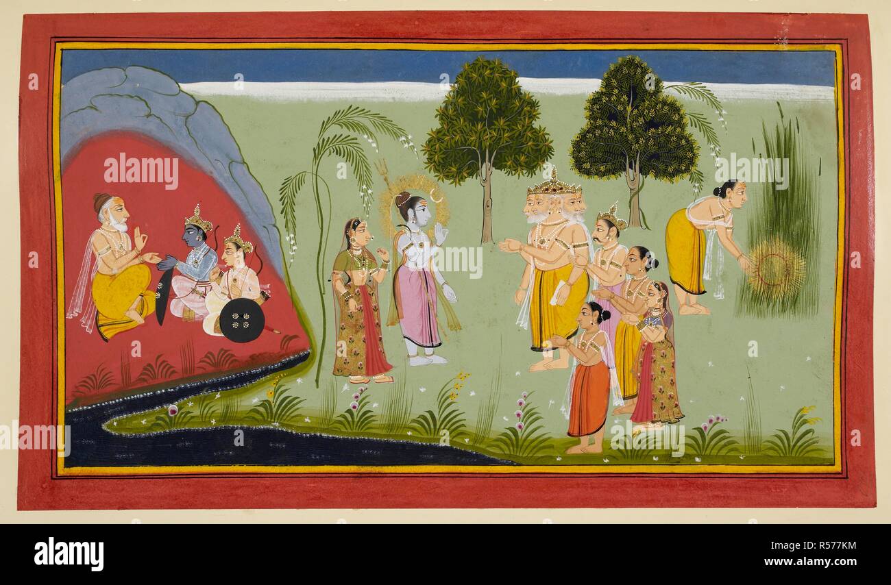 Los Dioses Y Siva Ramayana Bala Kanda Udaipur 1712 Los Dioses Liderados Por Peticion De Brahma Siva Para Engendrar Un Hijo La Semilla De Shiva Es Representado Como Un Brillante Dorado Discus