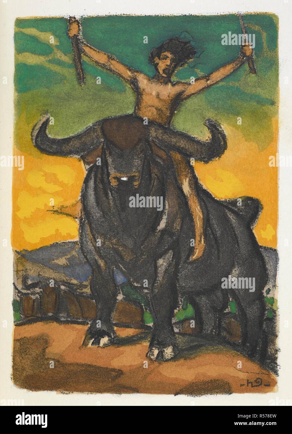 Mowgli cabalgando un buey. Le segunda livre de la selva. Traducción de  Louis Fabulet et Robert d'HumieÌ€res. París, [1899]. Fuente: Archivo 617  enfrente de la página 80. Autor: KIPLING, RUDYARD Fotografía de