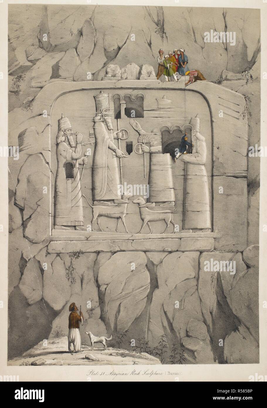 Escultura de piedra asirio. (Bavian.). Una segunda serie de los monumentos de Nínive ... de dibujos realizados sobre el terreno, durante una segunda expedición a Asiria. Londres, 1853. Fuente: Copa.648.c.2 La placa 51. Autor: Layard, Honorable Sir Austen. Foto de stock