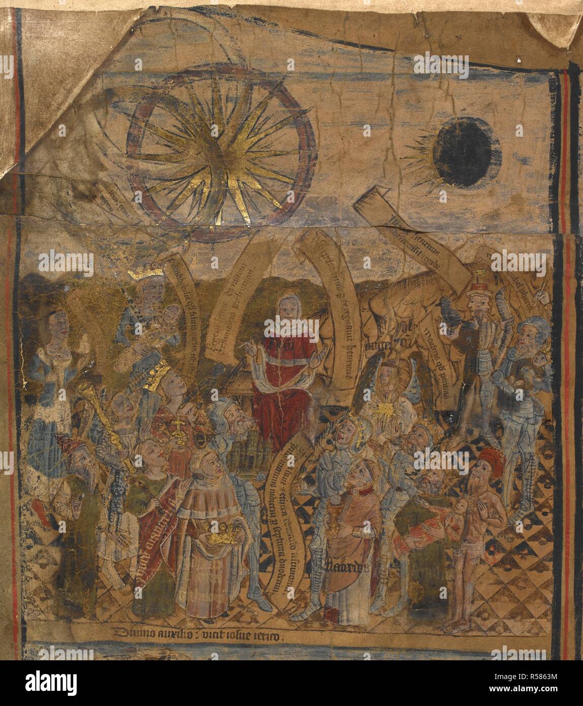 Una reina sosteniendo un niño. Un sacerdote y multitud de personas,  incluyendo a los caballeros. Un símbolo del Sol y de la Luna. Vida  tipológica y genealogía de Eduardo IV. Inglaterra, 1460 -