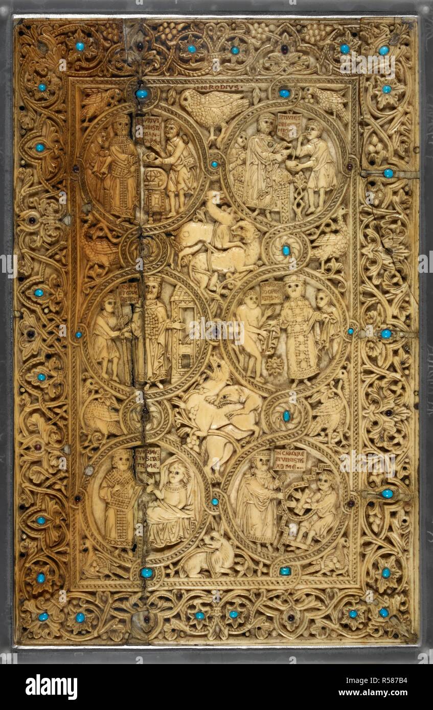 Cubierta inferior de marfil. La palabra 'Herodius tallada' en la cubierta inferior posiblemente se refiere al artista o Fulk de Anjou (el nombre de aves, "herodías" podría ser utilizada como sinónimo de "Focha Común (Fulica'), y la francesa para la focha común 'foulque vernácula'). . Salterio de la Reina Melisende. E. Mediterráneo [Jerusalén]; entre 1131 y 1143. Enlace desprendido de Egerton MS 1139 (el "Salterio elisende'): 2 paneles de marfil, con escenas de la vida de David en la cubierta superior (imagen etiquetada como f. v-anverso), y los seis vicios y seis obras de caridad, ilustrando Mateo 25:35-36,en la tapa inferior (imagen etiquetada Foto de stock