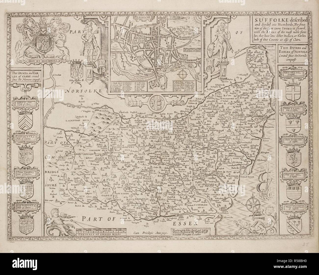 Un mapa del condado de Suffolk. Escudos de Armas. . Una colección de 37 mapas de los condados de Inglaterra. Londres. H. Overton, 1714. Una colección de 37 mapas de los condados de Inglaterra, siendo las reimpresiones, de J. Speedâ€™s mapas, por Henry Overton, junto con los de P. Stent Reimpreso por John Overton, y mapas de Derbyshire y Yorkshire grabado por S. Nicholls. Fuente: Maps.145.c.9 28. Idioma: Inglés. Foto de stock