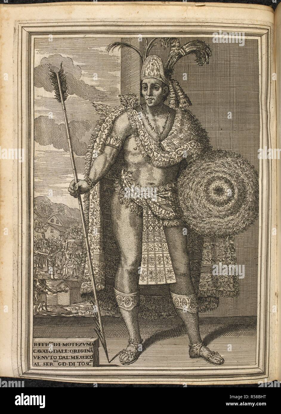 Moctezuma II (c. 1466 â€" el 29 de junio de 1520), también conocido por un número de grafías variante incluyendo Montezuma, Moteuczoma, Motecuhzoma y contemplados en el pleno por los primeros textos como Motecuhzoma Xocoyotzin Náhuatl (Moctezuma el joven). Fue asesinado durante las etapas iniciales de la conquista española de México, cuando el Conquistador HernÃ¡n CortÃ©s y sus hombres lucharon para escapar de la capital azteca de Tenochtitlan. Istoria della conquista del Messico ... scritta en Castigliano ... e tradotta en Toscano da ONU Accademico della Crusca" [F. Corsini]. Firenze, 1690. Fuente: 1446.k.18, página 299. Autor: Solis y Ribad Foto de stock