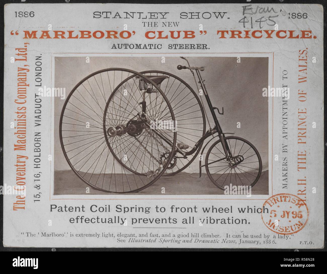 Stanley Show. El nuevo 'Marlboro' Club", el triciclo. Tubo de dirección  automática. El Coventry maquinistas Company, Ltd., 15 y 16, el Viaducto de  Holborn, Londres. Â€¦ ''Marlboro' es extremadamente ligero, elegante y