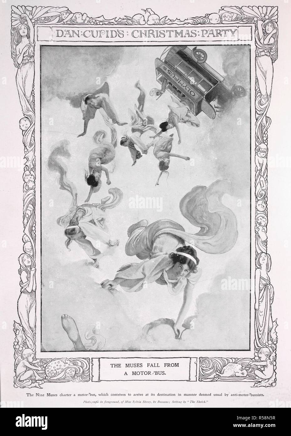 Dan Cupid's Christmas Party. Las Musas caen desde un motor-bus. Fotografía  de la Srta. Sylvia Storey, por Bassano. Sylvia Lillian Plantas (1890-1947),  comedia musical, las actrices. El sketch. Londres, 1906. Fuente: El