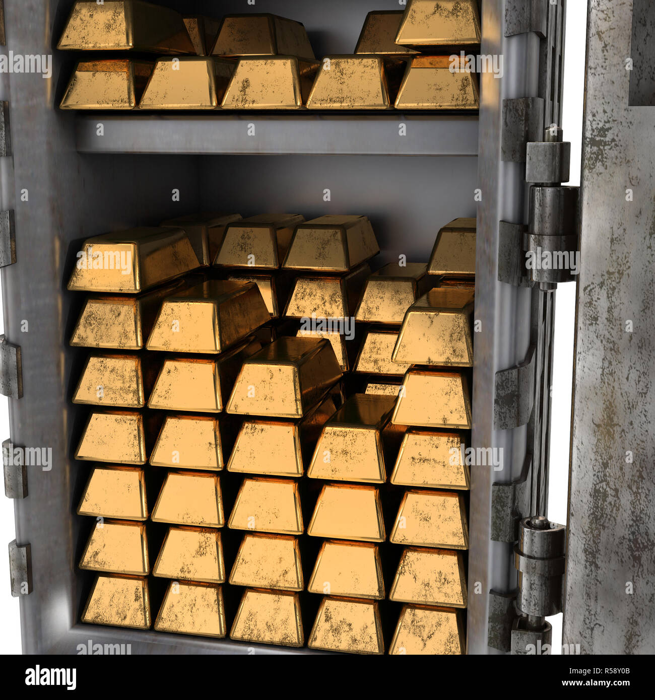 Antigua caja abierta con barras de oro sobre un fondo blanco aisladas. Ilustración 3d Foto de stock