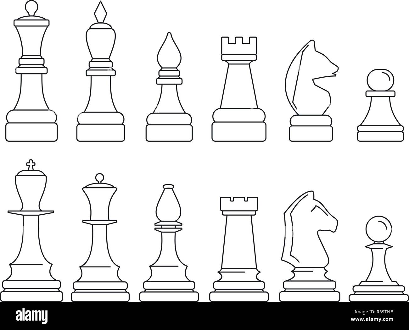 Conjunto de iconos de piezas de ajedrez conjunto de iconos vectoriales de  piezas de ajedrez de línea delgada de color plano en blanco