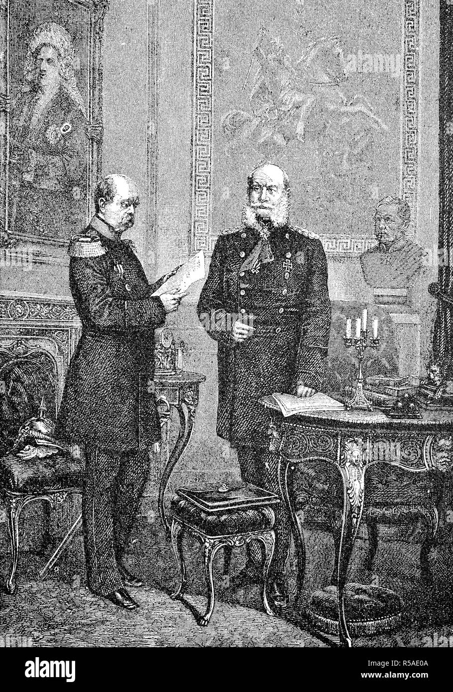 El emperador y su canciller, Guillermo I o Wilhelm I, su nombre completo es William Frederick Louis de Hohenzollern, Rey de Prusia. Foto de stock