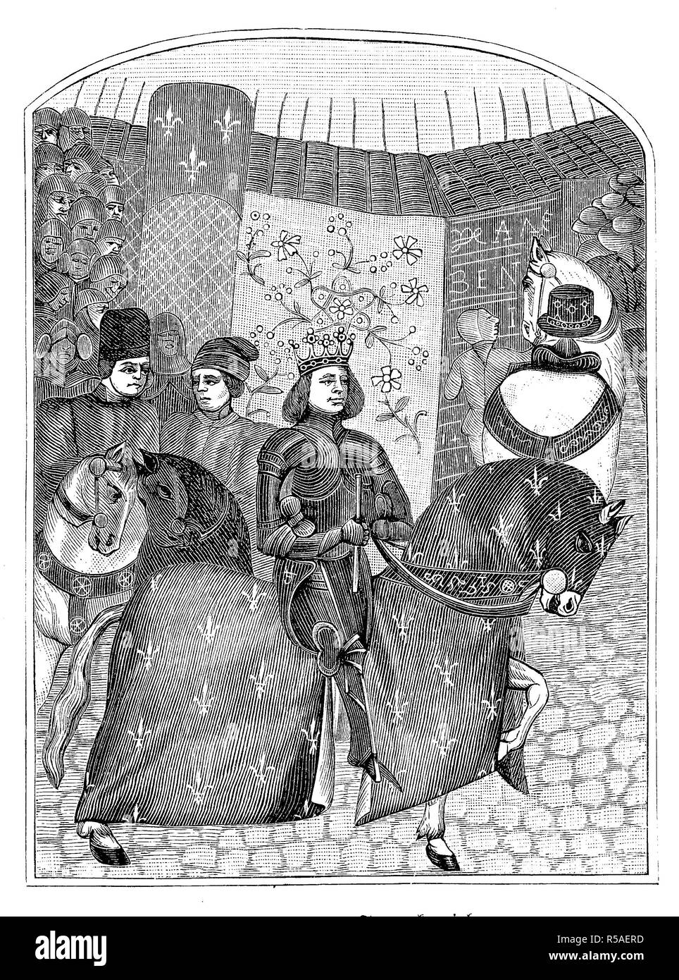 Carlos VII de la victoriosa, a caballo, 22 de febrero de 1403, 22 de julio de 1461, el rey de Francia, en miniatura de un manuscrito de la Foto de stock