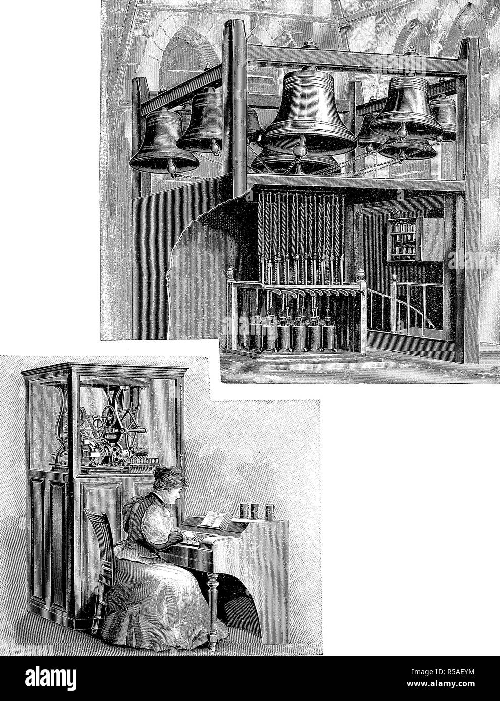 Mujer realizando conciertos orquestales de campanas, campanas, 1880, xilografía, Alemania Foto de stock