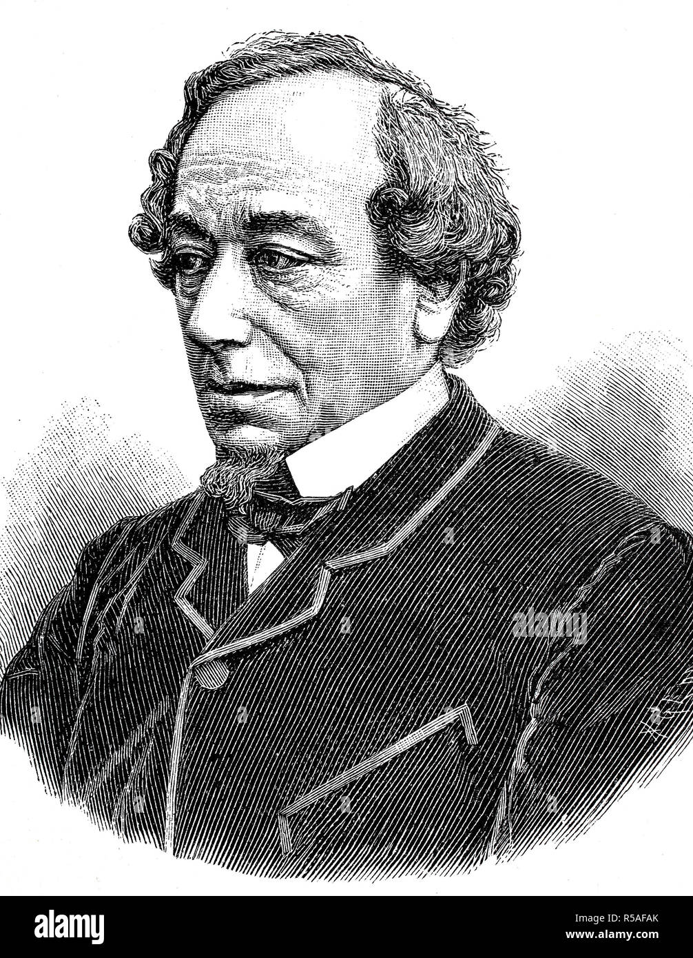 Benjamín Disraeli, primer conde de Beaconsfield, 21 de diciembre de 1804, 19 de abril de 1881, el Primer Ministro del Reino Unido, la xilografía Foto de stock