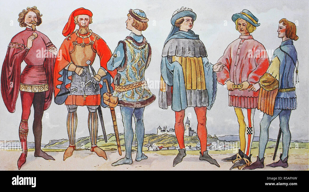 La ropa, la moda en Alemania bajo la influencia de Borgoña en el siglo XV, ilustración, Alemania Foto de stock
