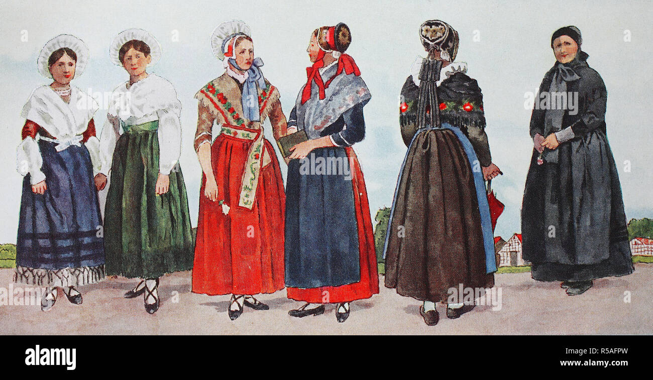 Las personas con trajes tradicionales, la moda, la ropa en Alemania, trajes de Westfalia acerca del siglo XIX, la ilustración, Alemania Foto de stock