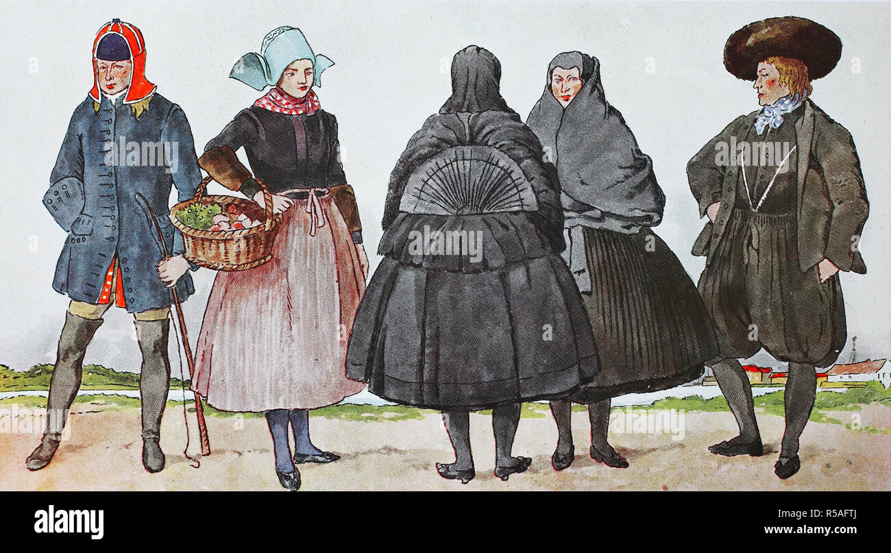 Las personas con trajes tradicionales, moda, ropa en Dinamarca, trajes típicos en torno a 1800, ilustración, Dinamarca Foto de stock