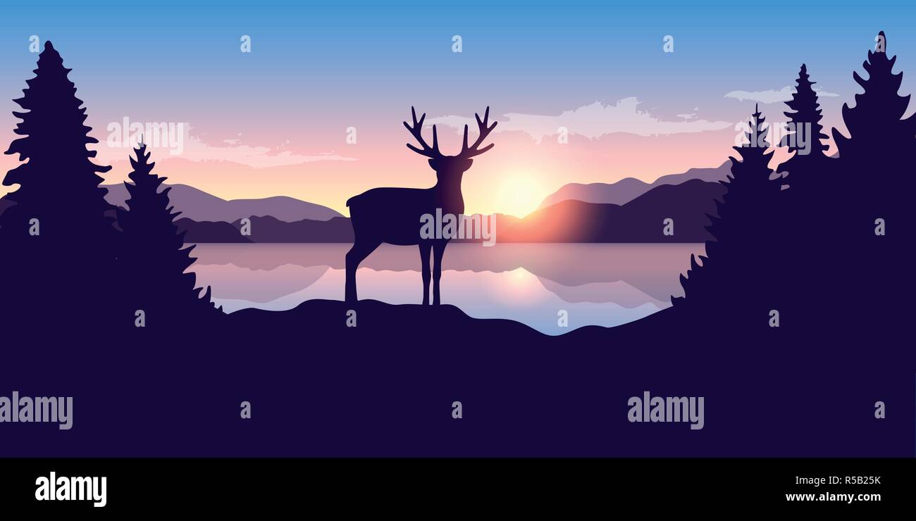 Los renos por el lago al amanecer naturaleza paisaje ilustración vectorial EPS10 Ilustración del Vector