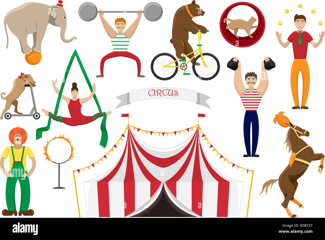 Un conjunto de ilustraciones vectoriales plana de artistas de circo.  Payasos, acróbatas y animales entrenados Imagen Vector de stock - Alamy