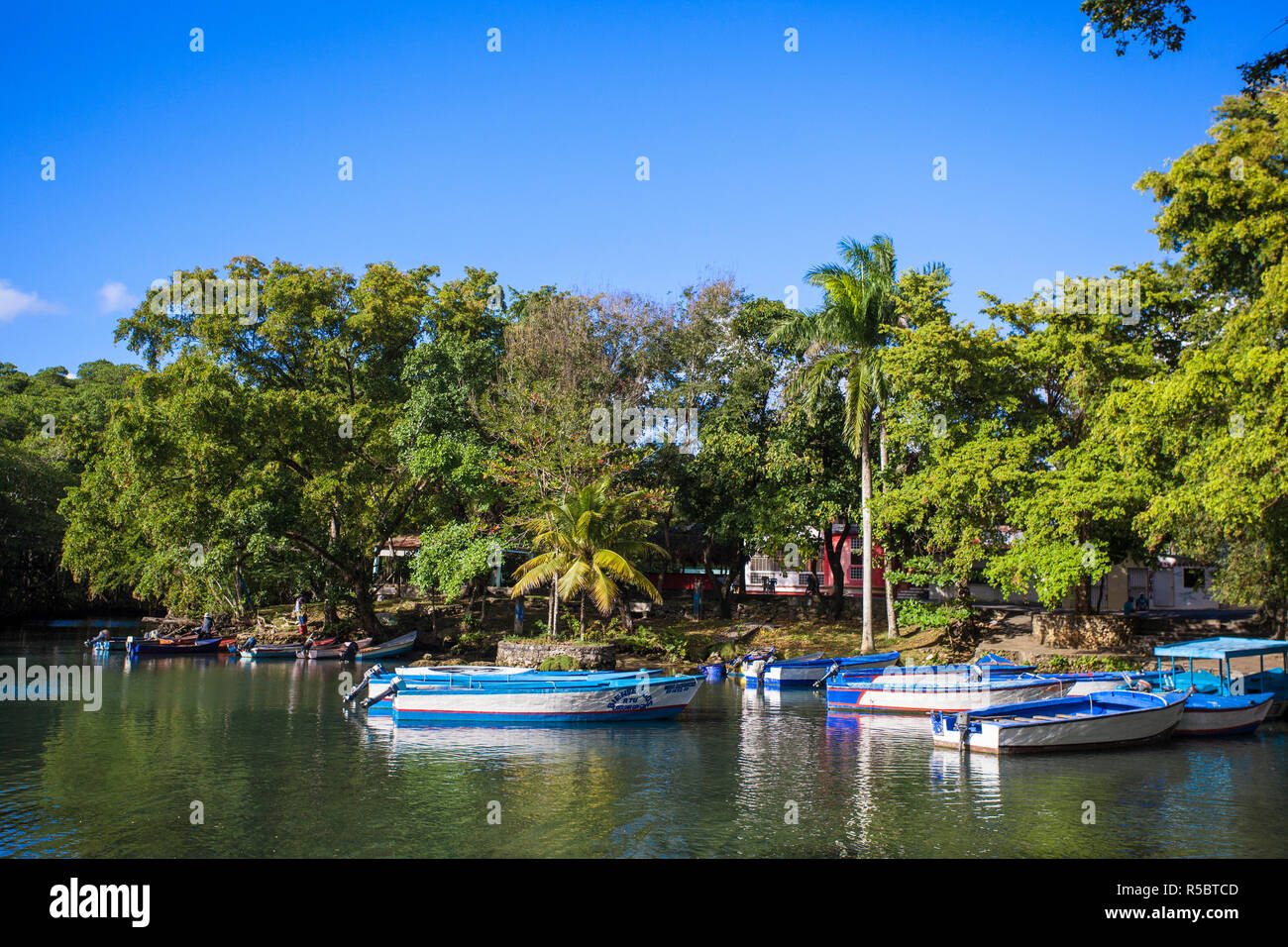 República Dominicana, Río San Juan, botes en la Laguna Gri-Gri Foto de stock