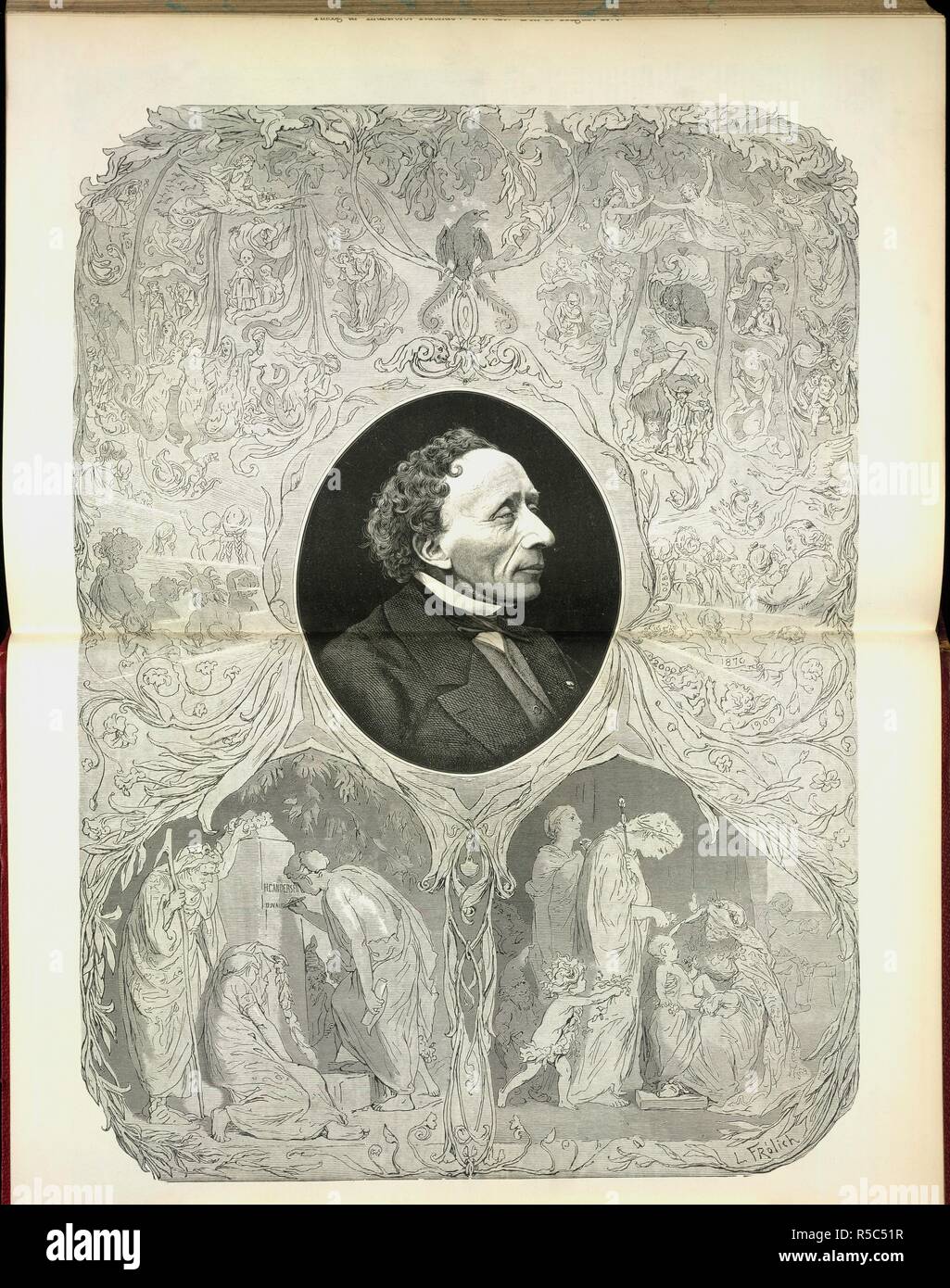 Hans Christian Andersen Illustreret Tidende Suplemento De 15 De Agosto De 1875 Copenhague 1875 Hans Christian Andersen 1805 75 Escritor Danes Retrato Rodeado Por Las Ilustraciones De Los Personajes De Sus Cuentos Imagen