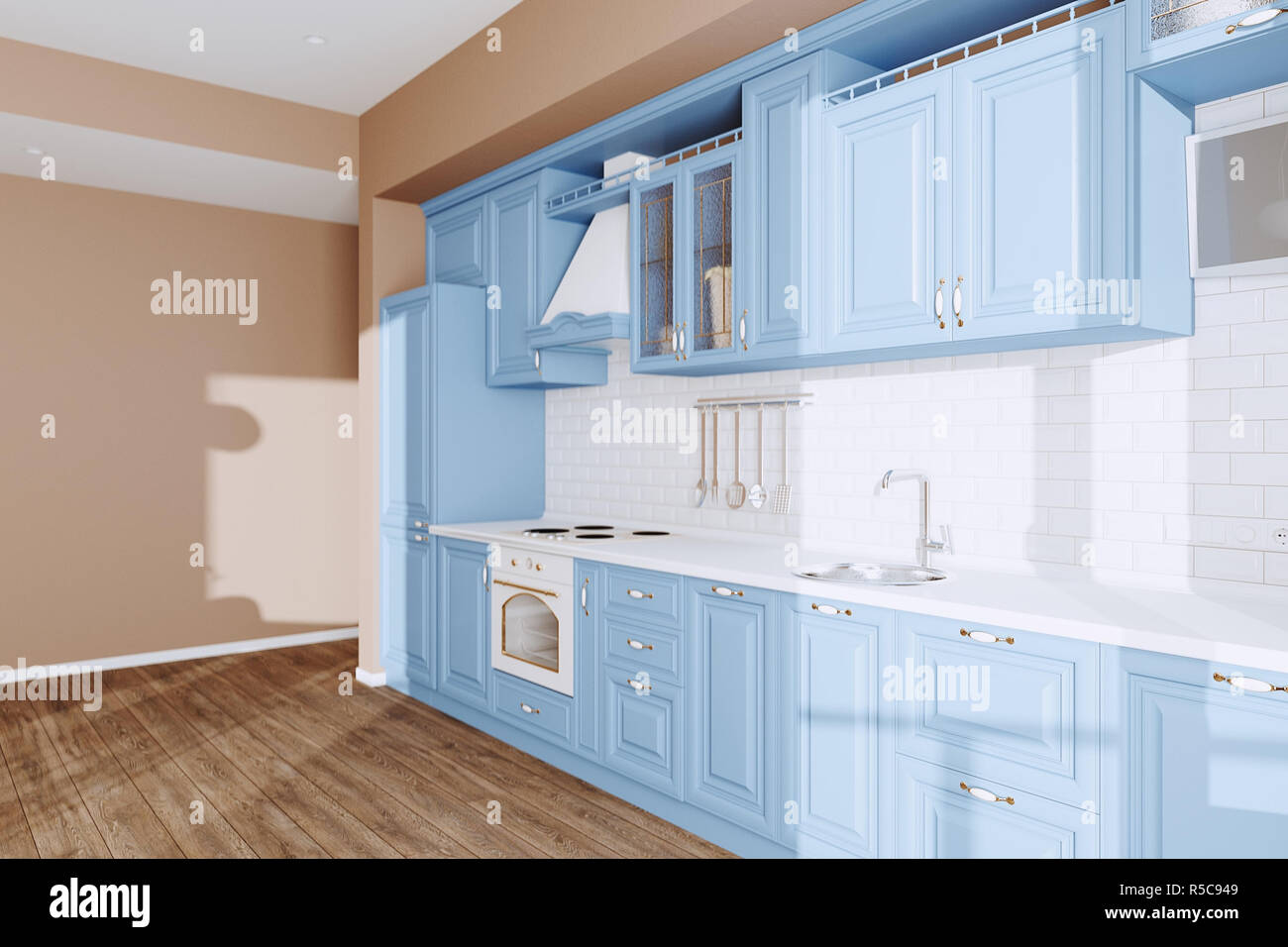 Hermoso Azul cocina clásica en Nueva lujosa casa con pisos de madera,  electrodomésticos y Vintage 3D Render Fotografía de stock - Alamy