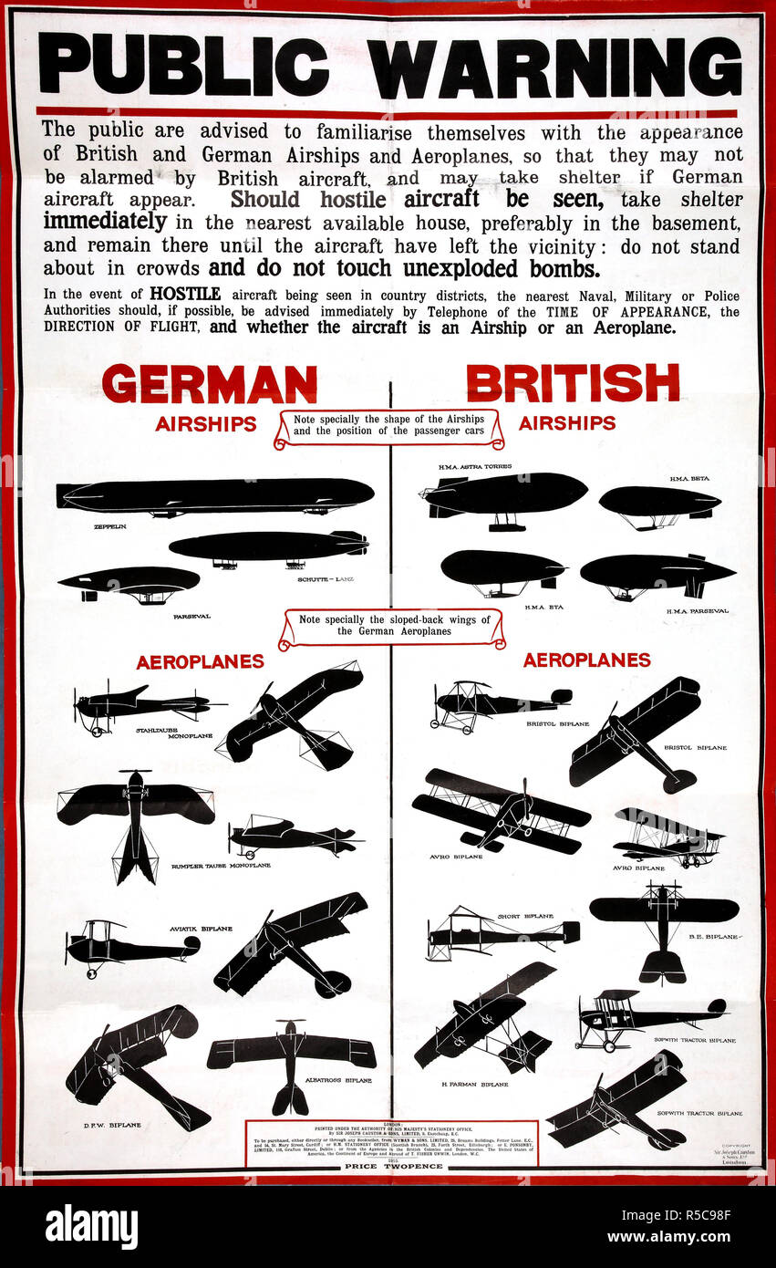 Cartel de identificación de advertencia pública para aviones militares y aviones militares británicos y alemanes de la Primera Guerra Mundial, Reino Unido Foto de stock