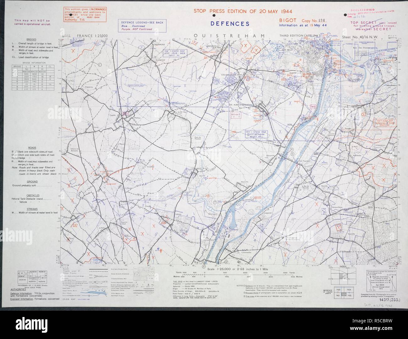 Francia 1 25 000 Defensas Bigot Ouistreham Mapa Para La Invasion De Normandia Informacion De Defensa Sobreimpresos En Azul Rojo Y Morado En Gsgs 4347 Marcados Con Top Secret Desclasificado Francia 1 25 000