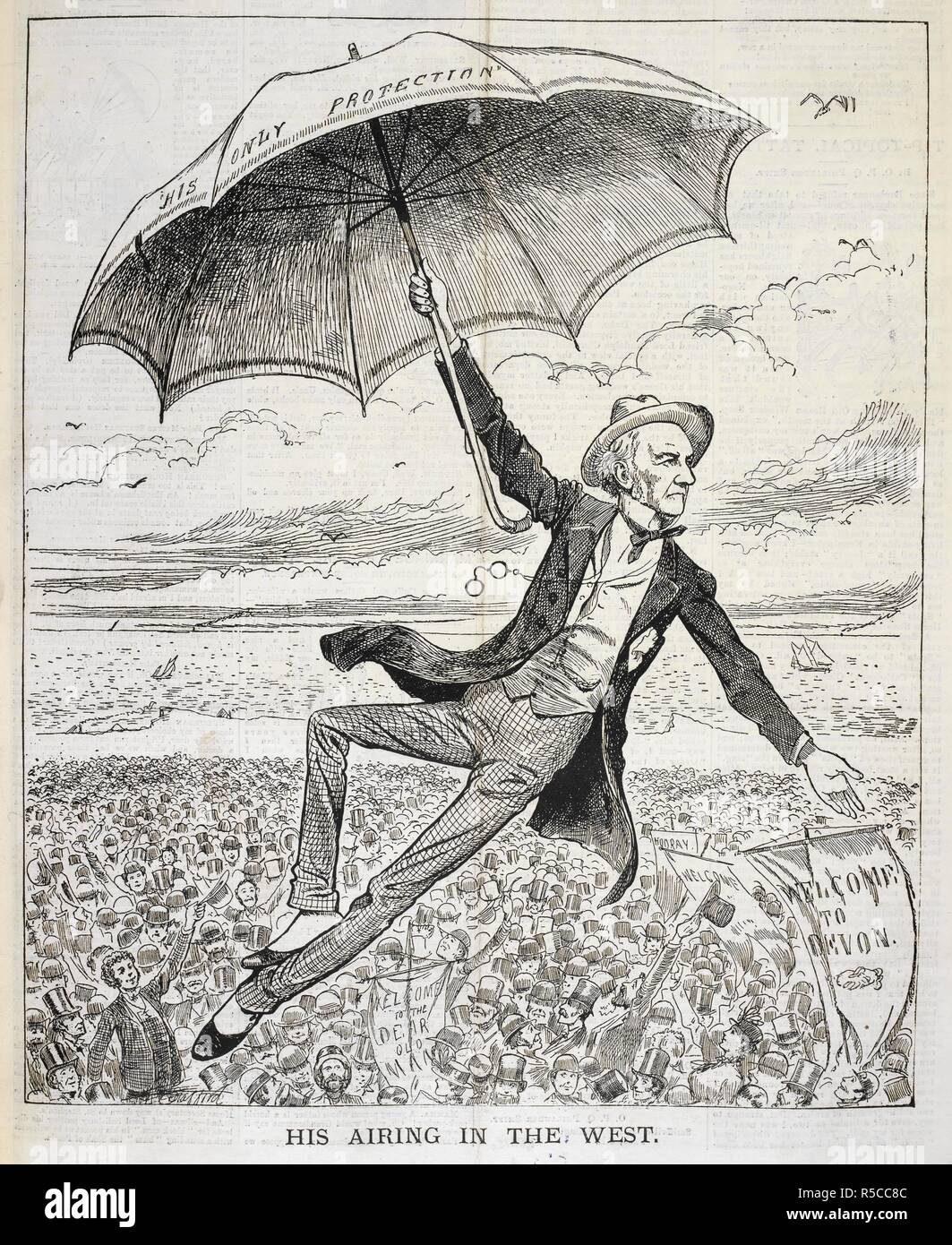 Su explícita en el oeste". Una caricatura satírica política, mostrando un  político sosteniendo un paraguas que es mantenerlo volando por encima de  una gran multitud de personas, de Devon. En 1889 se