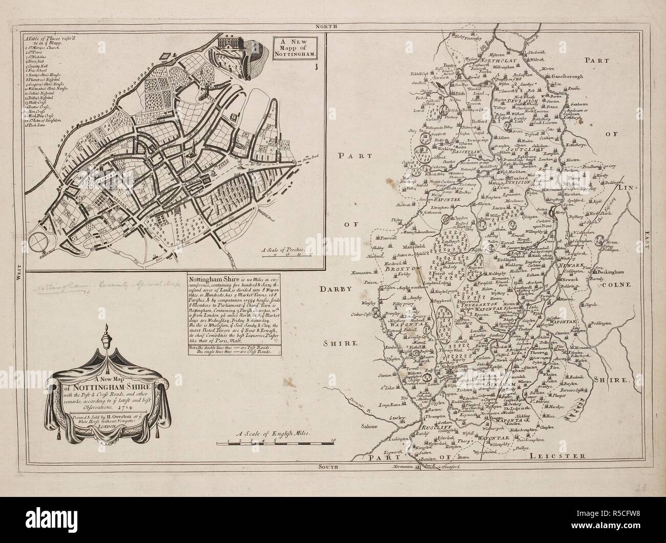 Un mapa de Nottinghamshire y un plan de Nottingham. . Una colección de 37 mapas de los condados de Inglaterra. Londres. H. Overton, 1714. Una colección de 37 mapas de los condados de Inglaterra, siendo las reimpresiones, de J. Speedâ€™s mapas, por Henry Overton, junto con los de P. Stent Reimpreso por John Overton, y mapas de Derbyshire y Yorkshire grabado por S. Nicholls. Fuente: Maps.145.c.9 23. Idioma: Inglés. Foto de stock