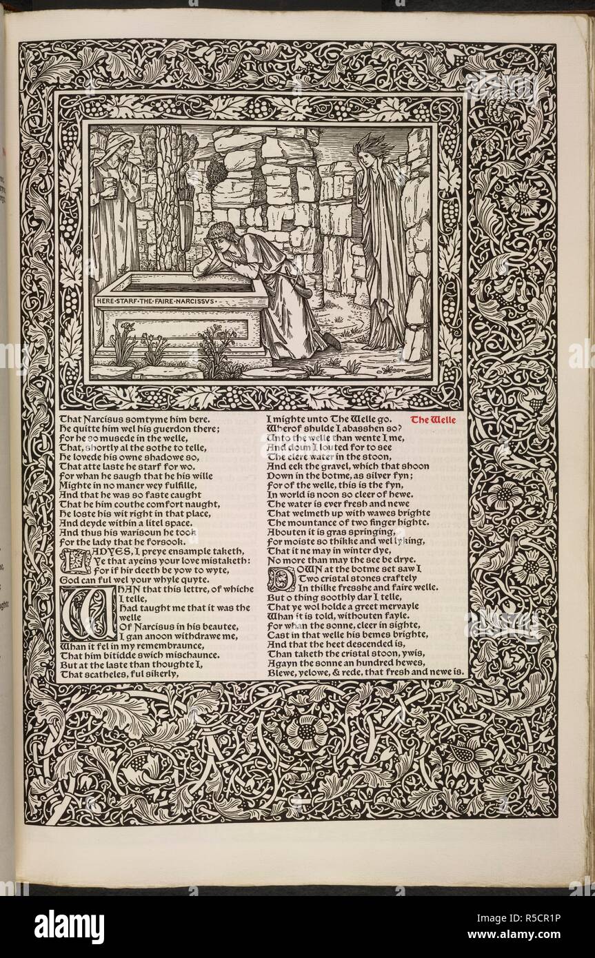 Narciso. Las obras de Geoffrey Chaucer ahora recién impreso. Kelmscott  Press: Hammersmith, 1896. Narciso mirando su reflejo en una piscina. Imagen  tomada de la obra de Geoffrey Chaucer ahora recién impreso. (Editado