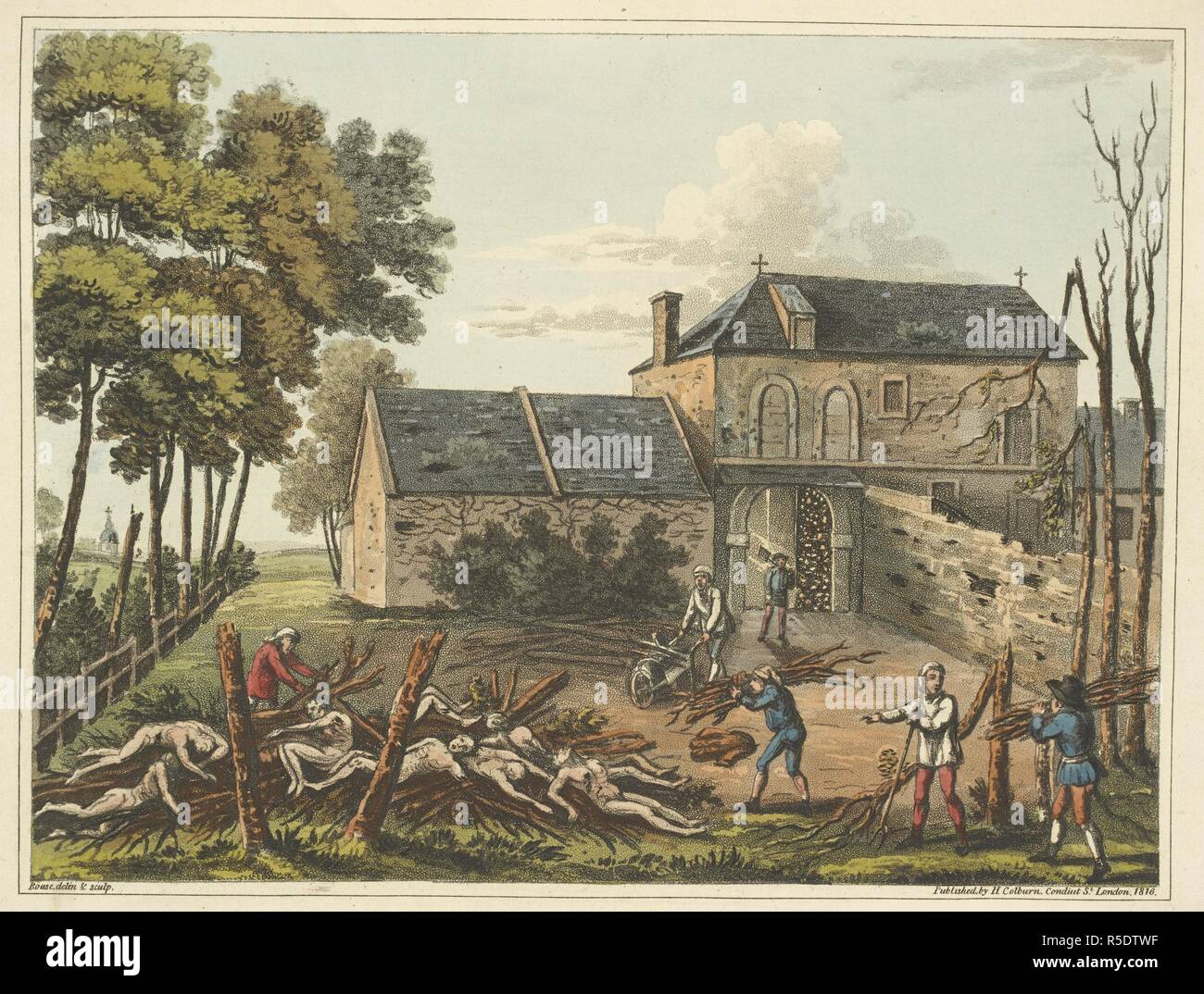 Fuera de los muros del castillo de Hougoumont, el lugar donde los muertos fueron enterrados, después de la batalla de Waterloo. . Un Relato histórico de la campaña en los Países Bajos, en 1815, en virtud de su gracia el duque de Wellington, y el Mariscal Príncipe Blucher, compuesto por las batallas de Ligny, Quatrebras y Waterloo; con una narración detallada de los acontecimientos políticos relacionados con esos conflictos memorables hasta la capitulación de París, y la partida de Bonaparte para Santa Elena ... Embellecidas con placas de dibujos ... ... ... por James Rouse. Londres : Henry Colburn, 1817. Fuente: 193.e.9 Pla Foto de stock