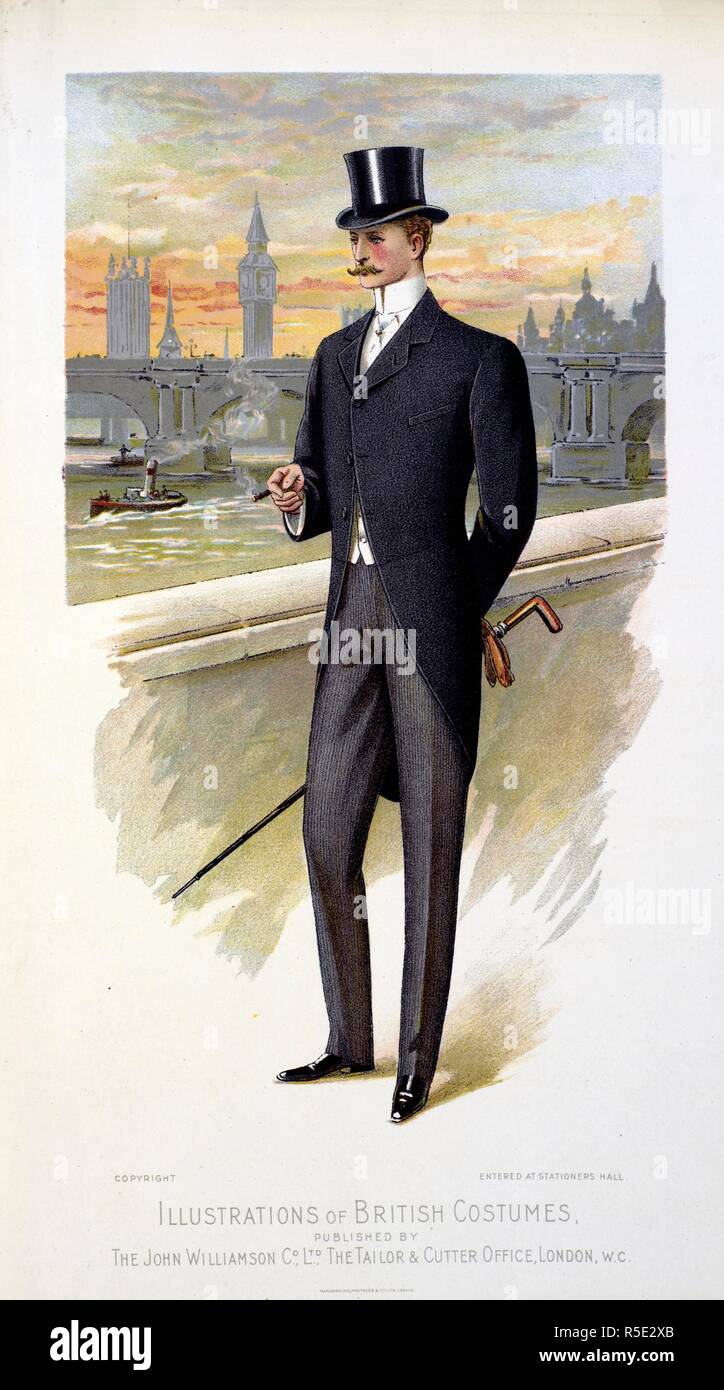 Un hombre vestido con "top hat y colas", de pie en el terraplén de Londres. Ilustraciones de British trajes. Londres Arte Moda oficial. Londres, 1900. Fuente: de moda arte de Londres