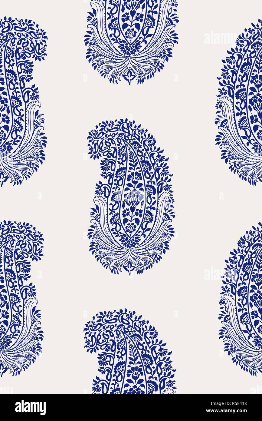 Colorante índigo xilografía impresa sin fisuras étnico paisley patrón.  Ornamento tradicional oriental de la India, el cobalto azul sobre fondo de  color beige. Diseño Textil Imagen Vector de stock - Alamy