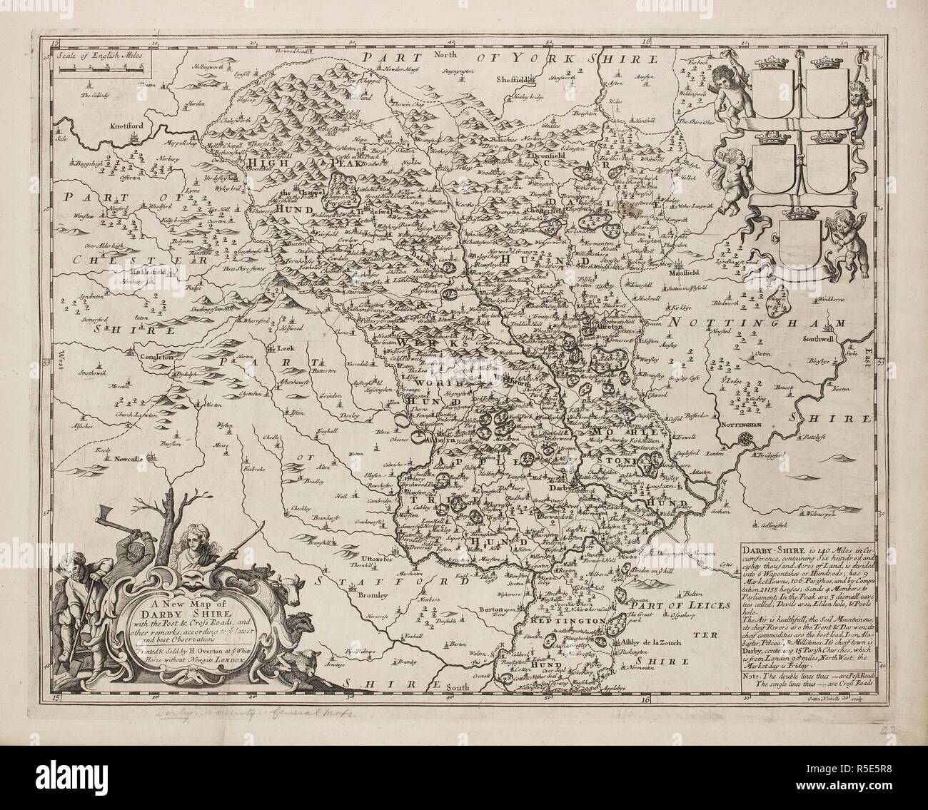 Mapa del país de Derbyshire. . Una colección de 37 mapas de los condados de Inglaterra. Londres. H. Overton, 1714. Una colección de 37 mapas de los condados de Inglaterra, siendo las reimpresiones, de J. Speedâ€™s mapas, por Henry Overton, junto con los de P. Stent Reimpreso por John Overton, y mapas de Derbyshire y Yorkshire grabado por S. Nicholls. Fuente: Maps.145.c.9 22. Idioma: Inglés. Foto de stock