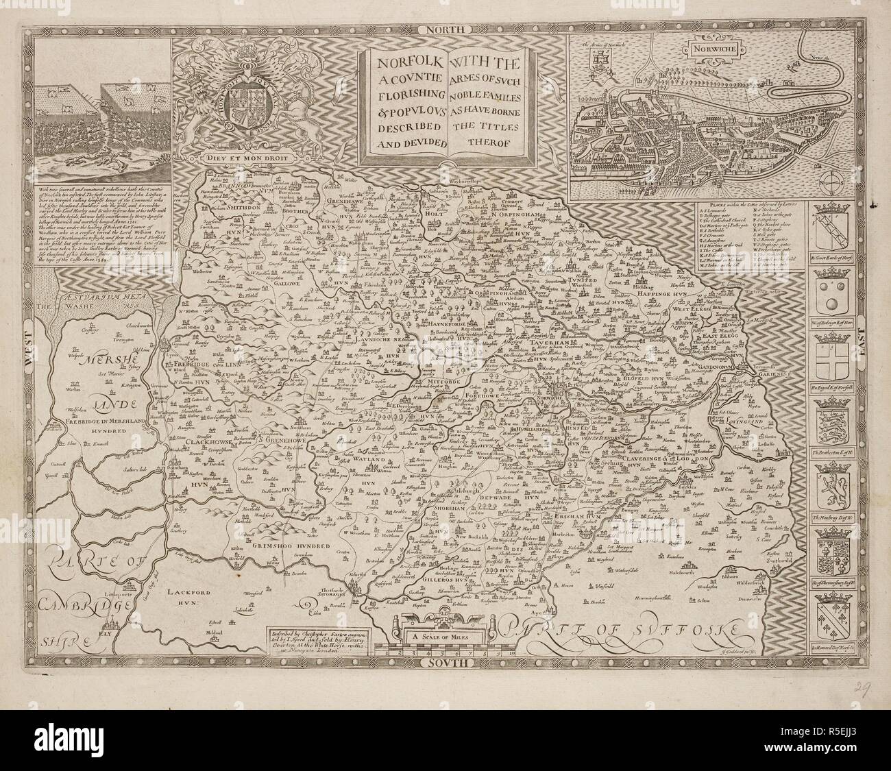Un mapa del condado de Norfolk y East Anglia. . Una colección de 37 mapas de los condados de Inglaterra. Londres. H. Overton, 1714. Una colección de 37 mapas de los condados de Inglaterra, siendo las reimpresiones, de J. Speedâ€™s mapas, por Henry Overton, junto con los de P. Stent Reimpreso por John Overton, y mapas de Derbyshire y Yorkshire grabado por S. Nicholls. Fuente: Maps.145.c.9 29. Lengua: el latín. Foto de stock