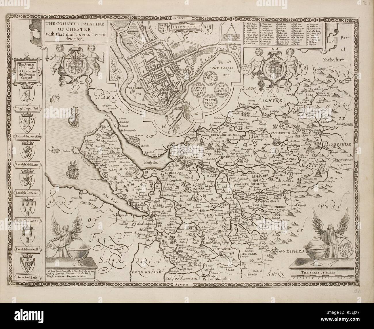 Un mapa del condado de Cheshire y la ciudad de Chester. Una colección de 37 mapas de los condados de Inglaterra. Londres. H. Overton, 1714. Una colección de 37 mapas de los condados de Inglaterra, siendo las reimpresiones, de J. Speedâ€™s mapas, por Henry Overton, junto con los de P. Stent Reimpreso por John Overton, y mapas de Derbyshire y Yorkshire grabado por S. Nicholls. Fuente: Maps.145.c.9 21. Idioma: Inglés. Foto de stock